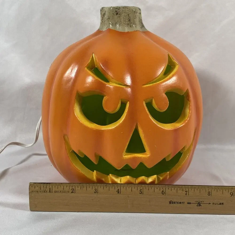 Vintage 9” Blow Mold Pumpkin Lighted Halloween Jack O Lantern Green Light